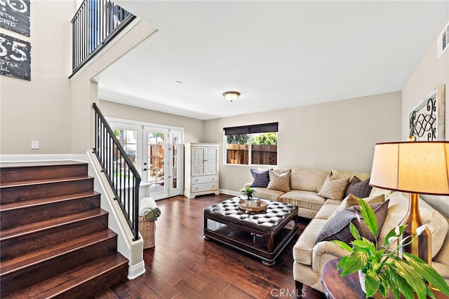 34501 Calle Carmelita, Dana Point, CA 92624 - living area with stairs, french doors, baseboards, visible vents, and dark wood-type flooring