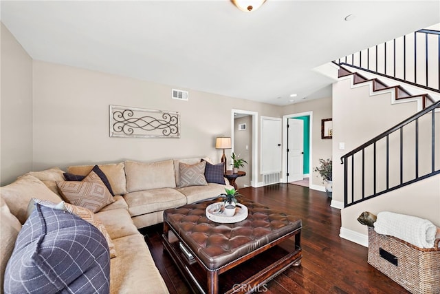34501 Calle Carmelita, Dana Point, CA 92624 - living room with baseboards, visible vents, stairway, and hardwood / wood-style floors