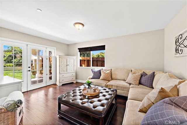 34501 Calle Carmelita, Dana Point, CA 92624 - living area featuring baseboards, french doors, and dark wood-style flooring