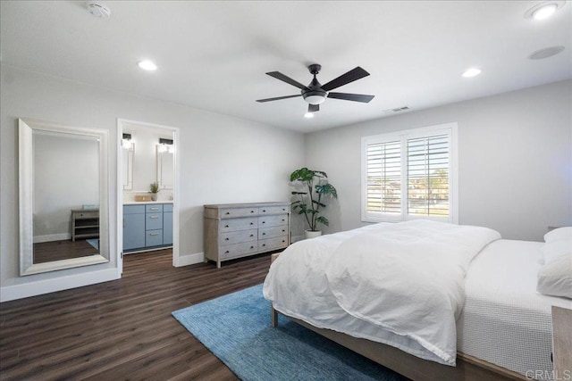46525 Peach Tree St, Temecula, CA 92592 - bedroom with dark wood finished floors, recessed lighting, a ceiling fan, and connected bathroom