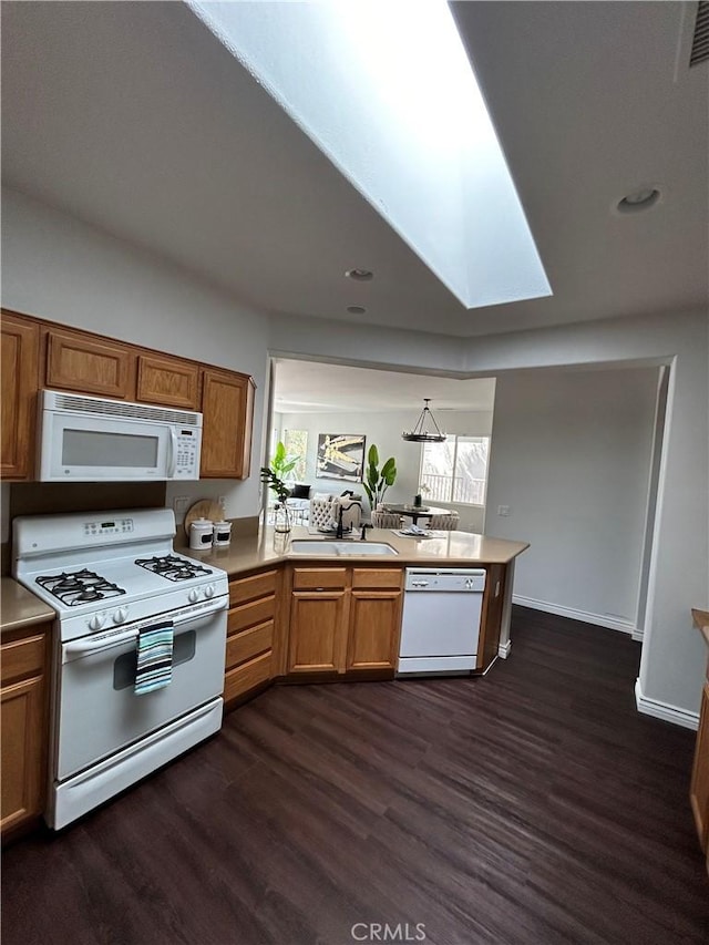 kitchen featuring light countertops, white appliances, dark wood finished floors, a sink, and a peninsula