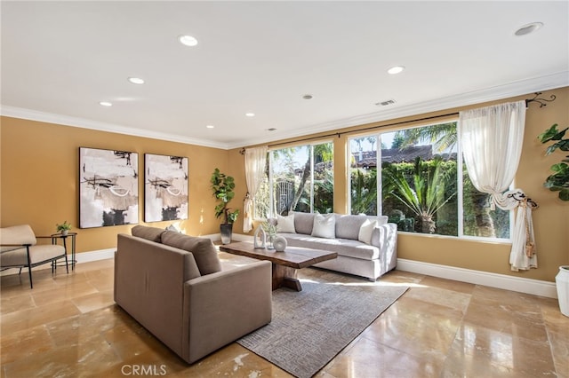 living area featuring baseboards, visible vents, recessed lighting, and crown molding