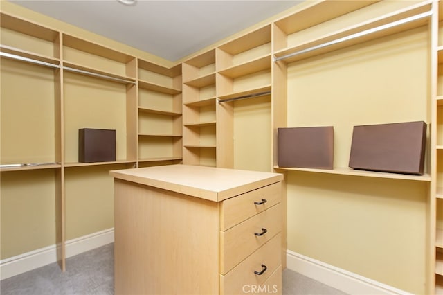 spacious closet featuring light colored carpet