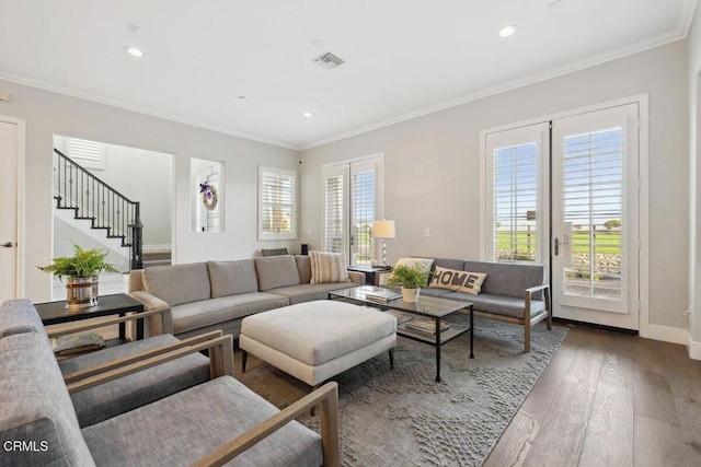 4111 Adriatic St, Oxnard, CA 93035 - living area featuring wood finished floors, crown molding, recessed lighting, stairs, and baseboards