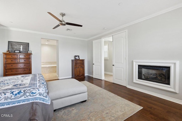 4111 Adriatic St, Oxnard, CA 93035 - bedroom featuring wood finished floors, crown molding, baseboards, connected bathroom, and ceiling fan