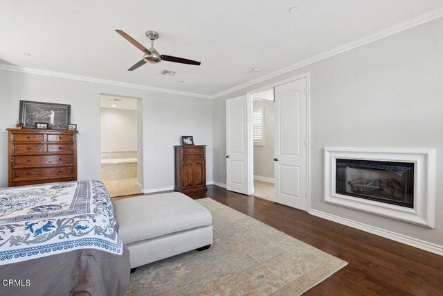 4111 Adriatic St, Oxnard, CA 93035 - bedroom with wood finished floors, crown molding, connected bathroom, and a ceiling fan