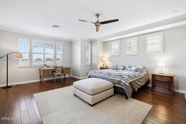 4111 Adriatic St, Oxnard, CA 93035 - bedroom featuring crown molding, hardwood / wood-style floors, and a ceiling fan