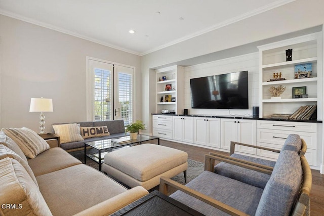 4111 Adriatic St, Oxnard, CA 93035 - living area featuring dark wood-type flooring, crown molding, built in features, and recessed lighting