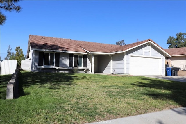 single story home featuring a front yard, an attached garage, fence, and a tiled roof