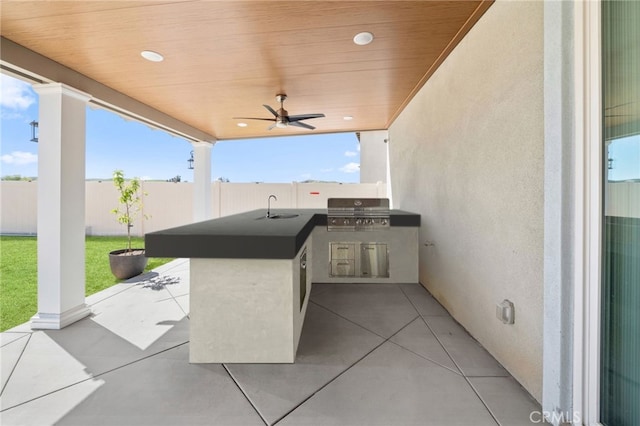 11638 Zoeller St, Beaumont, CA 92223 - view of patio / terrace with a sink, exterior kitchen, fence, grilling area, and ceiling fan