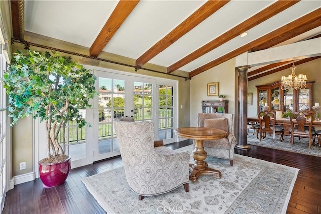 dining space featuring a chandelier, vaulted ceiling with beams, french doors, and dark wood finished floors