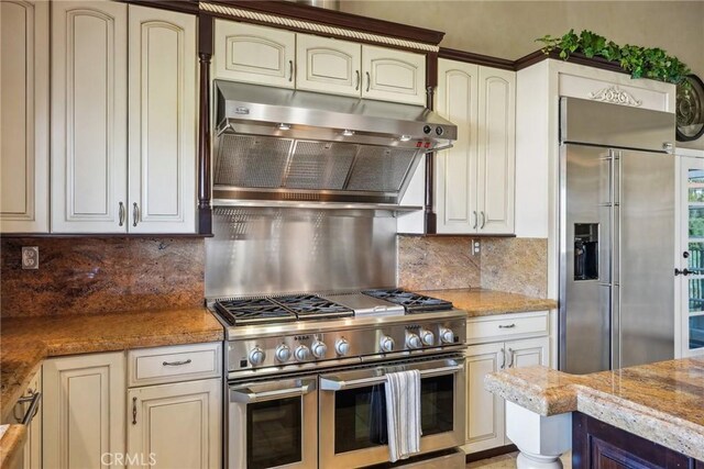 1547 Via Coronel, Palos Verdes Estates, CA 90274 - kitchen with premium appliances, decorative backsplash, light stone counters, and under cabinet range hood