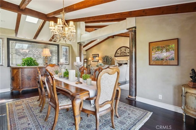 dining area with baseboards, ornate columns, wood finished floors, and an inviting chandelier