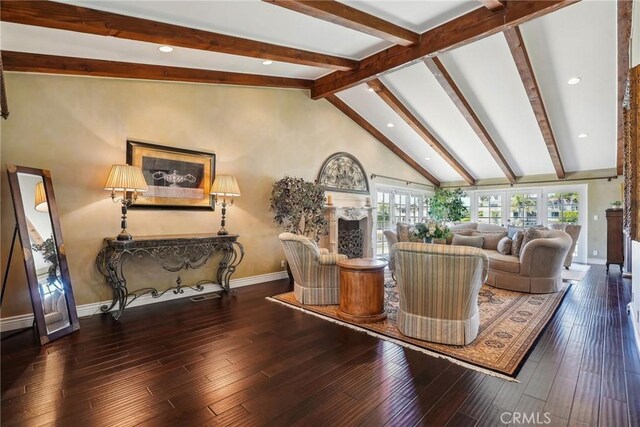 1547 Via Coronel, Palos Verdes Estates, CA 90274 - living area featuring wood-type flooring, lofted ceiling with beams, baseboards, and recessed lighting