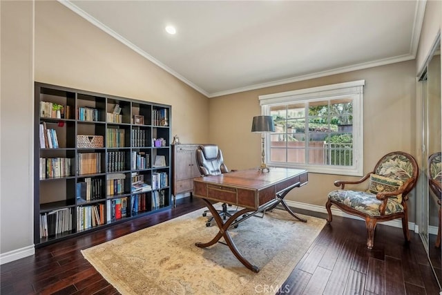 home office featuring dark wood finished floors, recessed lighting, lofted ceiling, baseboards, and crown molding