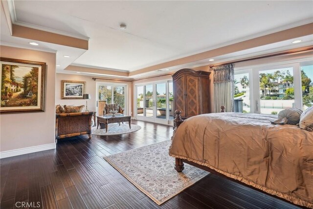 1547 Via Coronel, Palos Verdes Estates, CA 90274 - bedroom featuring ornamental molding, baseboards, dark wood-style flooring, a raised ceiling, and access to outside