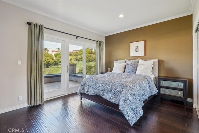 1547 Via Coronel, Palos Verdes Estates, CA 90274 - bedroom with dark wood finished floors, baseboards, access to outside, ornamental molding, and recessed lighting