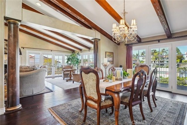 dining space with french doors, hardwood / wood-style floors, a notable chandelier, and beamed ceiling