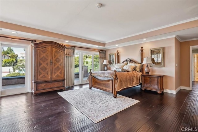 1547 Via Coronel, Palos Verdes Estates, CA 90274 - bedroom featuring baseboards, recessed lighting, dark wood-style floors, a raised ceiling, and access to outside