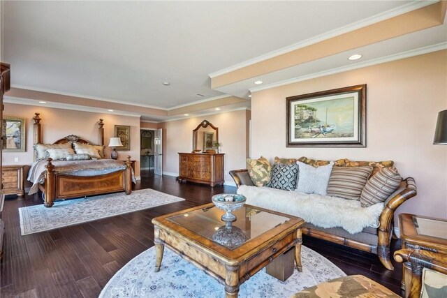 1547 Via Coronel, Palos Verdes Estates, CA 90274 - bedroom with a tray ceiling, recessed lighting, baseboards, ornamental molding, and dark wood-style floors