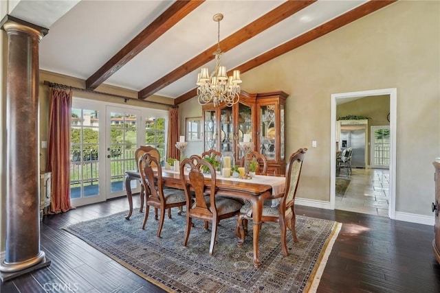 dining space featuring beamed ceiling, dark wood-style flooring, a notable chandelier, high vaulted ceiling, and ornate columns