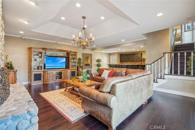1547 Via Coronel, Palos Verdes Estates, CA 90274 - living area featuring dark wood finished floors, a chandelier, baseboards, and stairway
