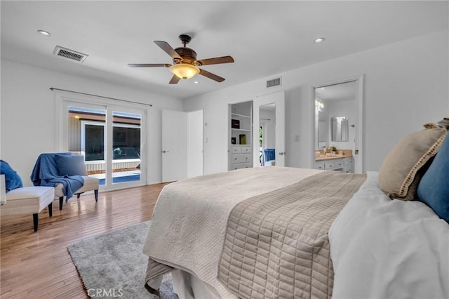 2001 Hacienda Rd, La Habra Heights, CA 90631 - bedroom with access to exterior, wood finished floors, recessed lighting, a ceiling fan, and ensuite bathroom