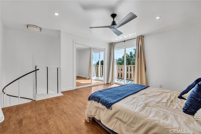 2001 Hacienda Rd, La Habra Heights, CA 90631 - bedroom featuring access to exterior, wood finished floors, recessed lighting, and ceiling fan