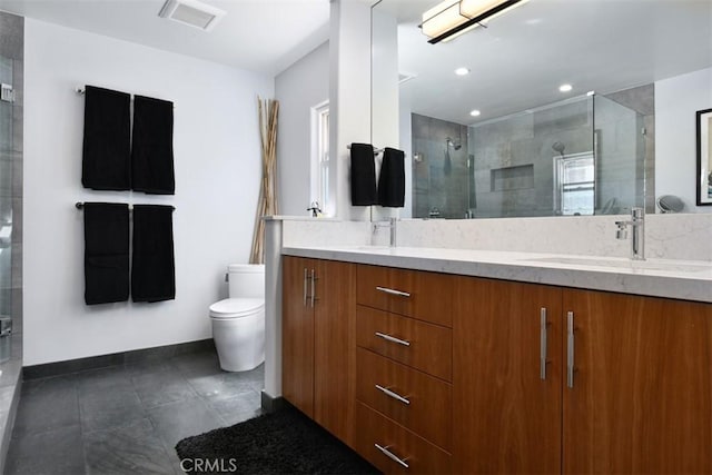5223 Armida Dr, Woodland Hills, CA 91364 - full bathroom with double vanity, a shower stall, tile patterned flooring, and recessed lighting