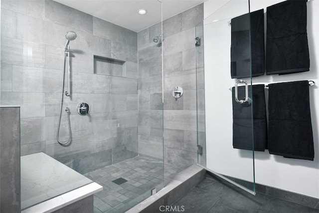 5223 Armida Dr, Woodland Hills, CA 91364 - bathroom with a stall shower, tile patterned flooring, and recessed lighting