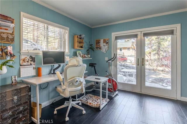 home office featuring ornamental molding, french doors, and dark wood-type flooring