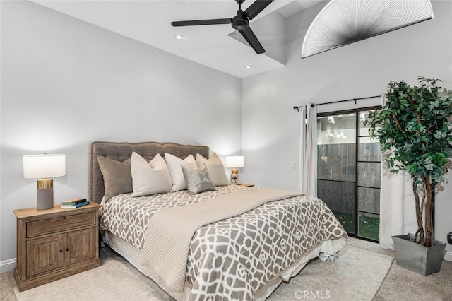 bedroom featuring baseboards, a ceiling fan, light colored carpet, and access to outside