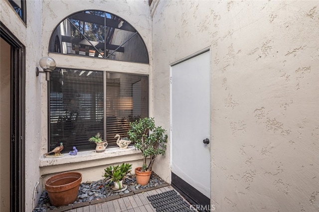 entrance to property featuring stucco siding
