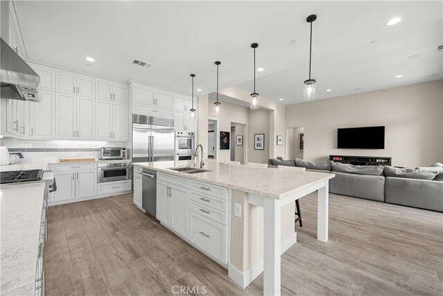 kitchen featuring appliances with stainless steel finishes, a sink, light wood finished floors, a toaster, and visible vents