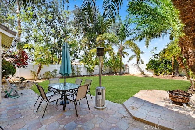 view of patio / terrace with a fenced backyard, an outdoor fire pit, and outdoor dining area