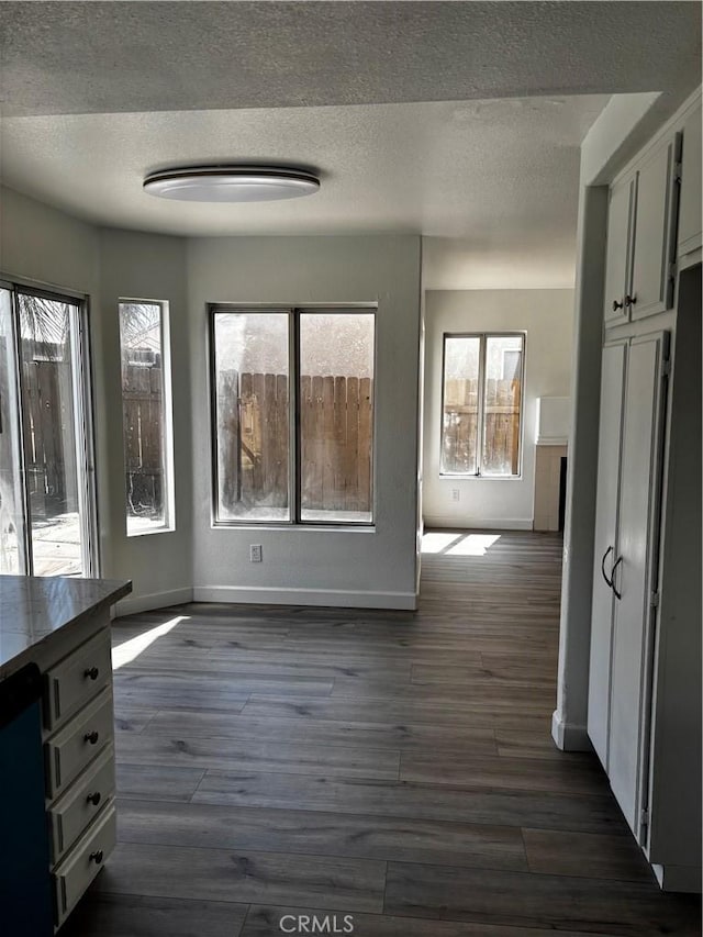 unfurnished dining area with plenty of natural light, dark wood-style floors, and a textured ceiling
