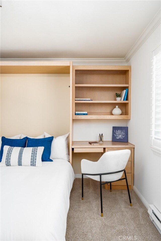 carpeted bedroom featuring baseboards, ornamental molding, and baseboard heating