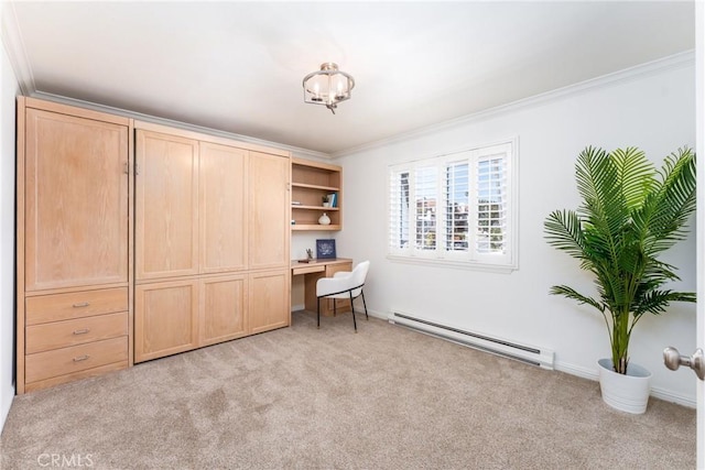 office area with crown molding, baseboard heating, a chandelier, and light carpet