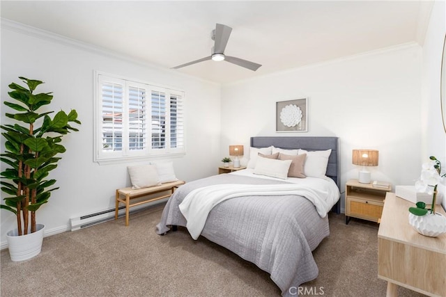 bedroom with crown molding, carpet, and a baseboard heating unit