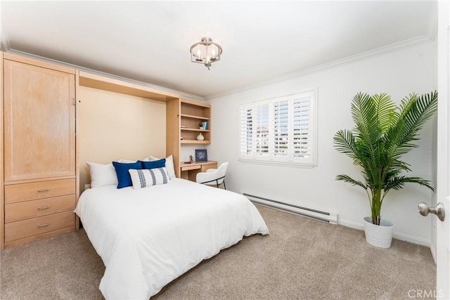 carpeted bedroom featuring crown molding, a baseboard heating unit, and a notable chandelier
