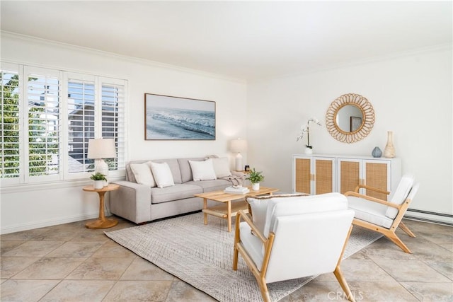 living area featuring crown molding and baseboards