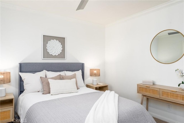 bedroom featuring ornamental molding and a ceiling fan