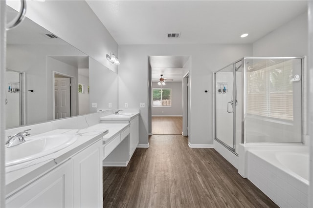24898 Sunset Vista Ave, Menifee, CA 92584 - full bath with wood finished floors, double vanity, and a shower stall