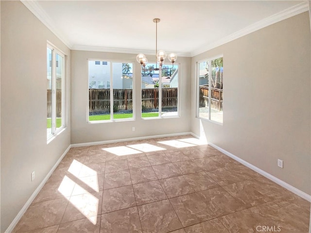 28861 Topsfield Ct, Temecula, CA 92591 - unfurnished dining area with a chandelier, baseboards, and crown molding