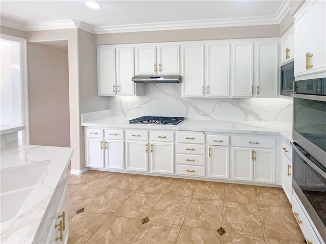 28861 Topsfield Ct, Temecula, CA 92591 - kitchen featuring stainless steel appliances, under cabinet range hood, ornamental molding, white cabinets, and backsplash