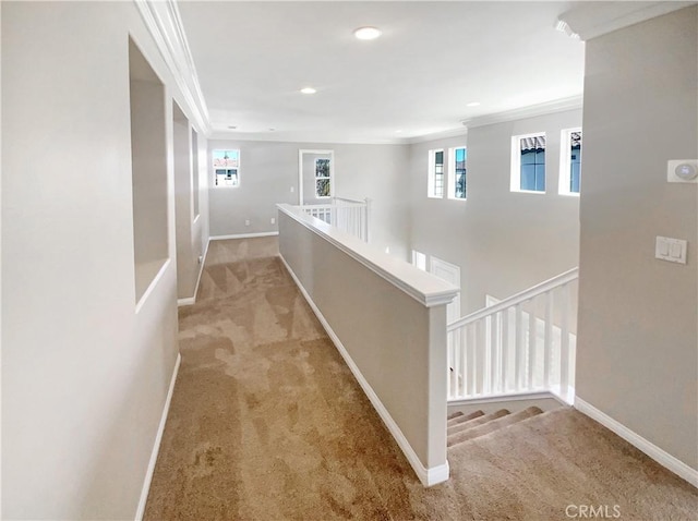 28861 Topsfield Ct, Temecula, CA 92591 - hall featuring carpet, crown molding, baseboards, recessed lighting, and an upstairs landing