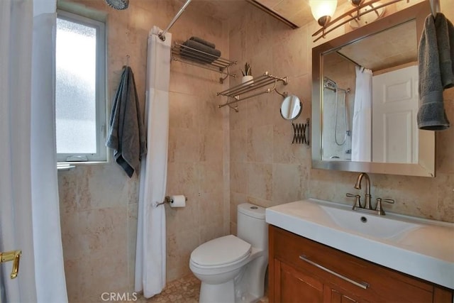 1631 Salem St, Chico, CA 95928 - full bath featuring tile walls, vanity, a shower with curtain, and tile patterned floors