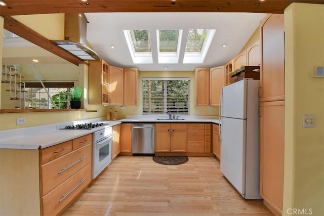 1631 Salem St, Chico, CA 95928 - kitchen with stainless steel appliances, a skylight, light brown cabinets, light wood-type flooring, and lofted ceiling