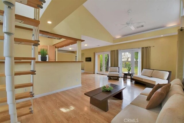 1631 Salem St, Chico, CA 95928 - living room with a ceiling fan, light wood-type flooring, vaulted ceiling, and recessed lighting