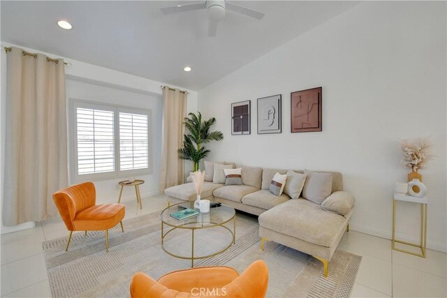 living room featuring vaulted ceiling, recessed lighting, light tile patterned floors, baseboards, and ceiling fan